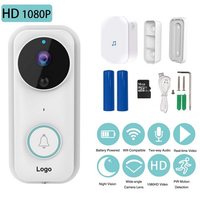 1080P Smart Video Doorbell Wireless Home WIFI Security Camera With Indoor Chime, 32G SD Card