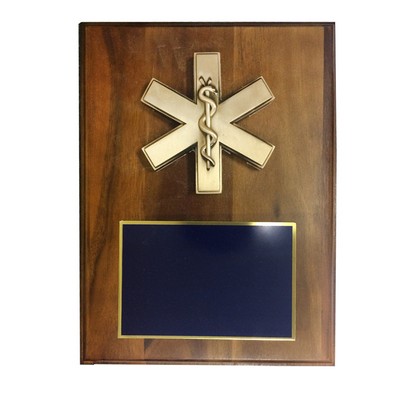 EMT/Paramedic Star of Life Plaque w/Walnut Veneer Board (9" x 12")