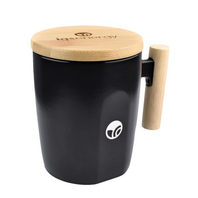 12 Oz. Ceramic Mug w/Wooden Handle And Bamboo Lid