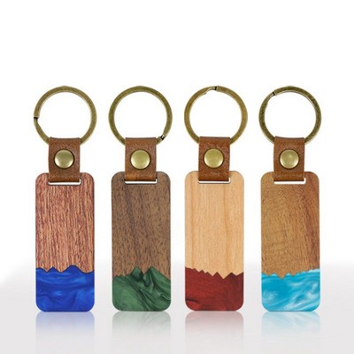 Premium Rectangle Wood Keychain w/ Leather Strap