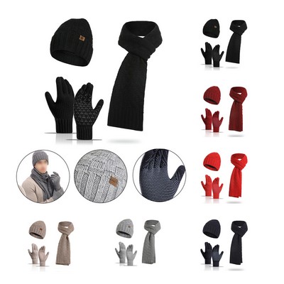 Cashmere Plaid Beanie Hat Scarf Touchscreen Gloves Set