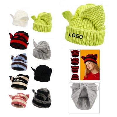 Ladies' Devil Ear Thickened Acrylic Knit Beanie Cap