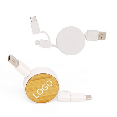 Wooden Retractable 3 in 1 charging Cable