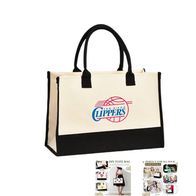 Classic White & Black Cotton Canvas Tote Bag