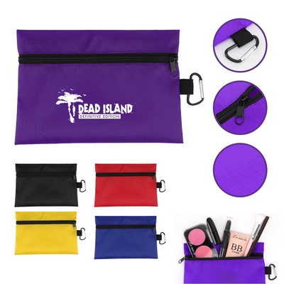 8.5" x 6" Ripstop Utility Zipper Pouch with Carabiner Clip