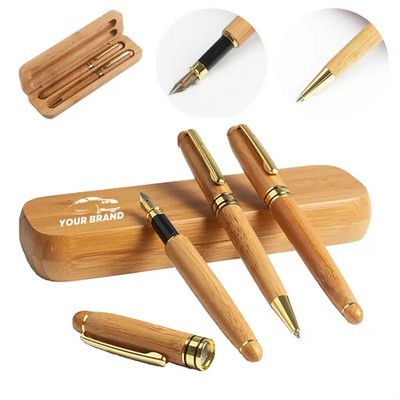 Wooden Bamboo Set Ballpoint Signature Pen Craft Gift Box