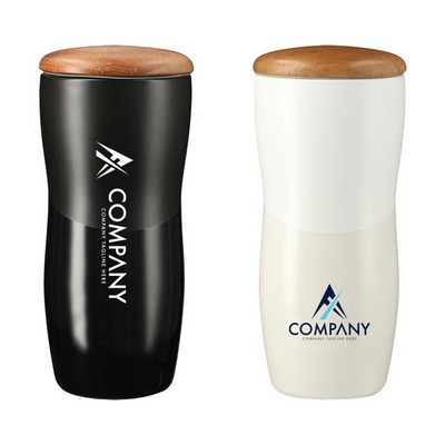 12oz Double wall ceramic tumbler with wood lid, Cozy ceramic tumbler with matte & shiny contract on 