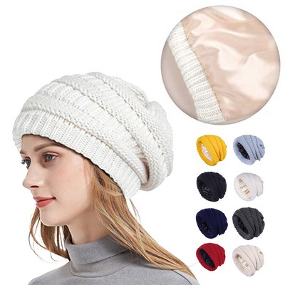 Winter Knitted Satin Lined Beanie Hats