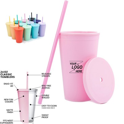 24 oz Insulated Tumbler with Straw and Lid