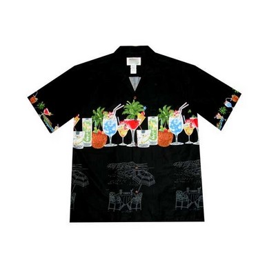 Black Hawaiian Border Print Cotton Poplin Shirt w/ Button Front