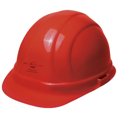 Red hard hat, six point ratchet suspension