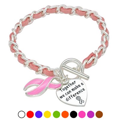 Breast Cancer Awareness Enamel Heart Charm Bracelet