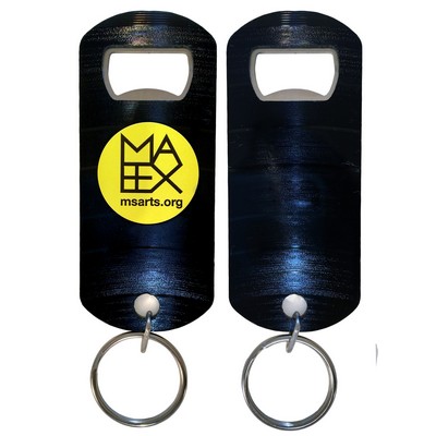 Recycled Vinyl Record Key Chain Bottle Opener, 1-Sided Imprint, Vintage Vinyl Back Side