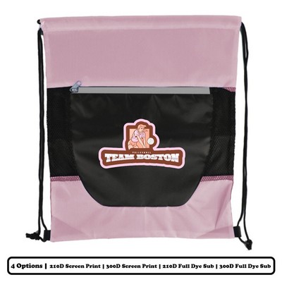 Horizontal Multi-Panel Polyester Drawstring Bag w/ Front Zip Pocket w/ Custom Logo