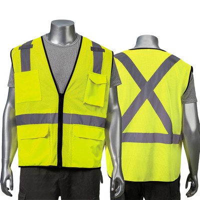 Hi Vis Class 2 3.8 Oz. Polyester Reflective Tape Cross Back Safety Vest With Dual Mic Tab & 4 Pocket