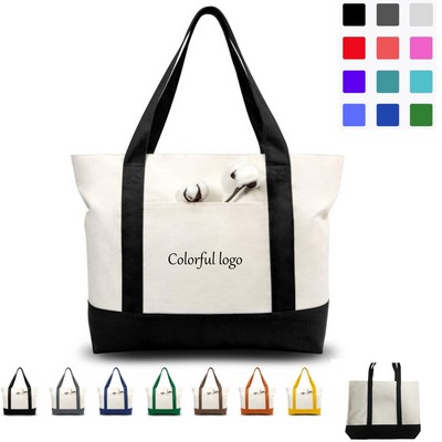 Canvas Tote Bag With Front Pocket And Top Zipper