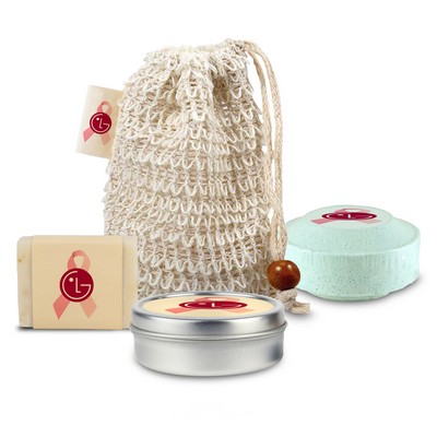 Loofah Bag Self Care Set with Mini Soap, Shower Steamer, and Candle, Sewn-in Tag