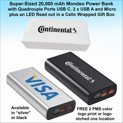 Super Sized Mondeo Power Bank 20,000 mAh with Quadrouple Ports, LED Readout. In a Printed Gift Box