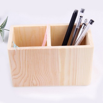 Wood Pen Pencil Holder Cup w/2 Compartments