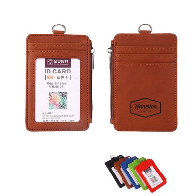 Vertical PU Leather ID Badge Holders with Lanyard