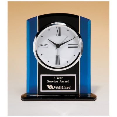 Black & Blue Glass Clock, Silver Bezel, Three Hand Movement