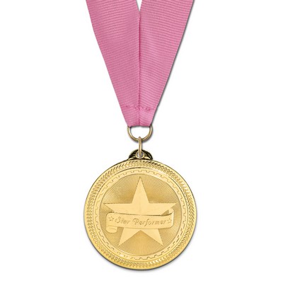 2" Star Performer Brite Laser Medal w/ Grosgrain Neck Ribbon