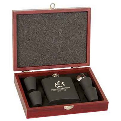 6 Oz. Matte Black Flask Set in Wood Presentation Box