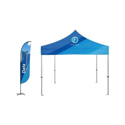 10x10ft Standard Canopy Kit w Standard White Steel Frame, Dye Sub Canopy & 12ft 2-sided Feather Flag