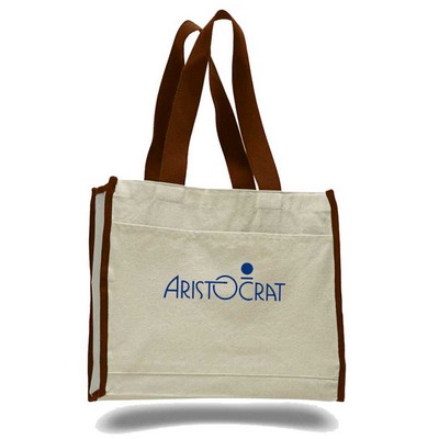 Natural Canvas Tote with Front Pocket & Chocolate Brown Handles (Printed)