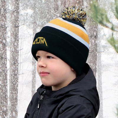 Junior Pom Pom Cuff Toque w/Stripe Rib Knit