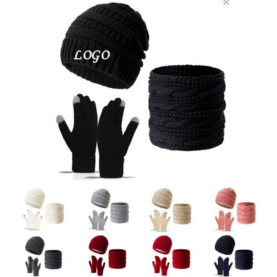 Winter Thickened Warm Knit Beanie Hat Gloves Scarf 3Pcs Set