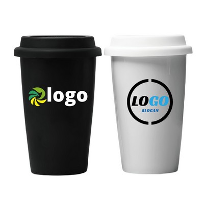 11oz Double-Layer Ceramic Coffee Cup with Silicone Lid