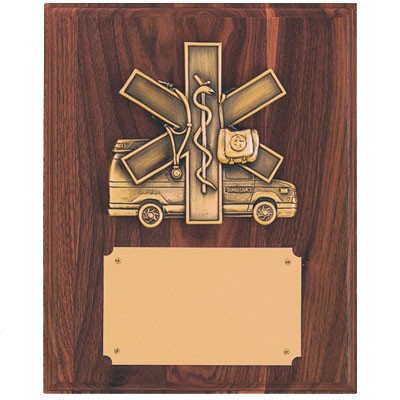 Walnut Finish Plaque w/EMS Star of Life, Ambulance & Engraving Plate (8"x 10")