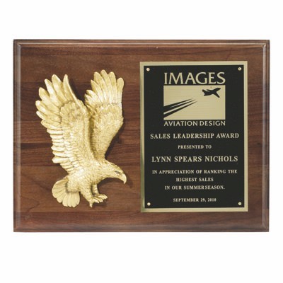 Walnut Finish Plaque w/Brass Eagle & Black Engraving Plate (9"x 12")