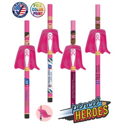 Union Printed - USA Made - Pencil Heroes - Breast Cancer Superhero Pencils with Eraser Capes - Full