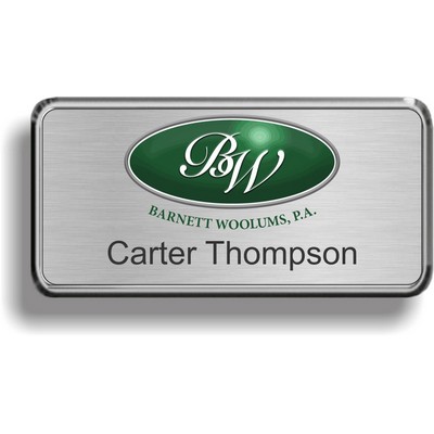 Bright Silver Plastic Framed Badge w/Brushed Silver Metal Insert (1 1/2" x 3")