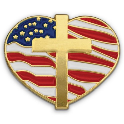 Heart w/Cross and Flag - Patriotic Lapel Pins