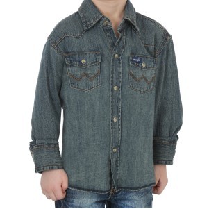 Wrangler® Boys' Antique Blue Cowboy Cut® Work Western Long Sleeve Denim Snap Shirt