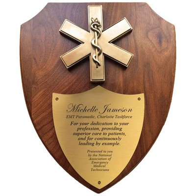 EMT Star of Life Walnut Veneer Shield Plaque (10" x 12")