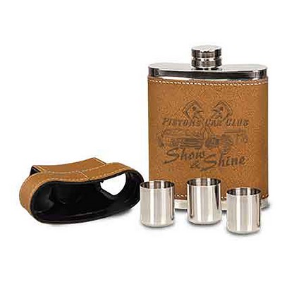 7 Oz. Leather Flask w/Lid & 3 Shot Glasses