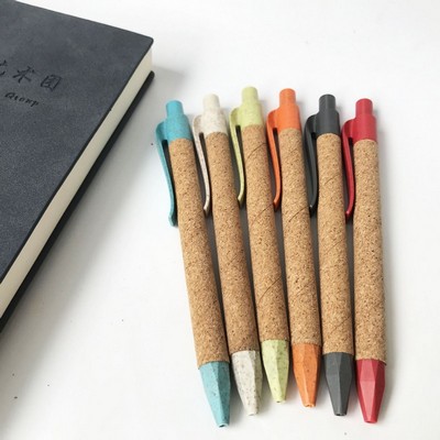 Eco-Friendly Cork Ballpoint Pen w/Wheat Straw Clip