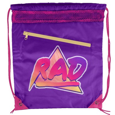 Sublimation Mesh-Top Polyester Drawstring Bag w/ Slant-Zip Pocket