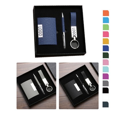 3Pcs Gift Set: Business Card Case, Keyring and Twist Ballpoint Pen (Black, Blue & Gray in Stock)