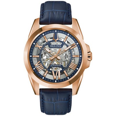 Bulova Watches Men's Sutton Automatic Watch, Blue Leather Strap w/Rose Gold