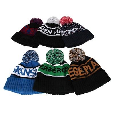 Two-Tone Knit Pompom Beanie