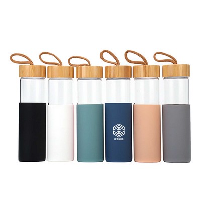 Reusable BPA Free 16 Oz Glass Water Bottle with Bamboo Lid & Silicone Sleeve