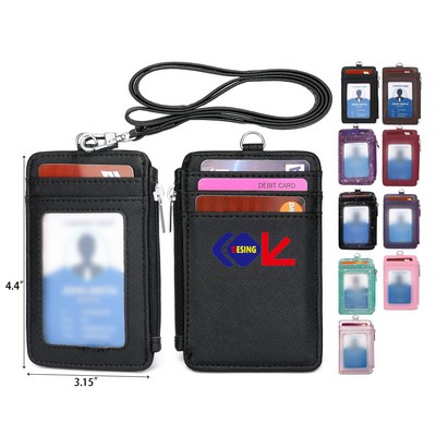 1 ID Window 4 Card Slots 1 Side Zipper Pocket ID Badge Holder Neck Lanyard PU Leather Wallet Case