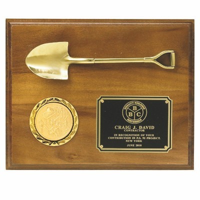 Plaque Walnut Finish w/Metal Shovel Holds 2" Insert (8"x 10")