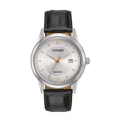 Citizen Men's Eco-Drive Watch, Stainless Steel with Black Leather Strap & Rose Gold Accents