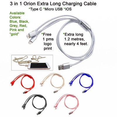 3 in 1 Orion Extra Long Charging Cable Silver